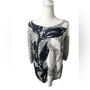 Nic + Zoe Linen Blend Sweater short sleeve white and blue flower large